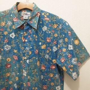 Reyn Spooner Hawaiian Traditionals Reverse Print Button Blue Floral Short Sleeve